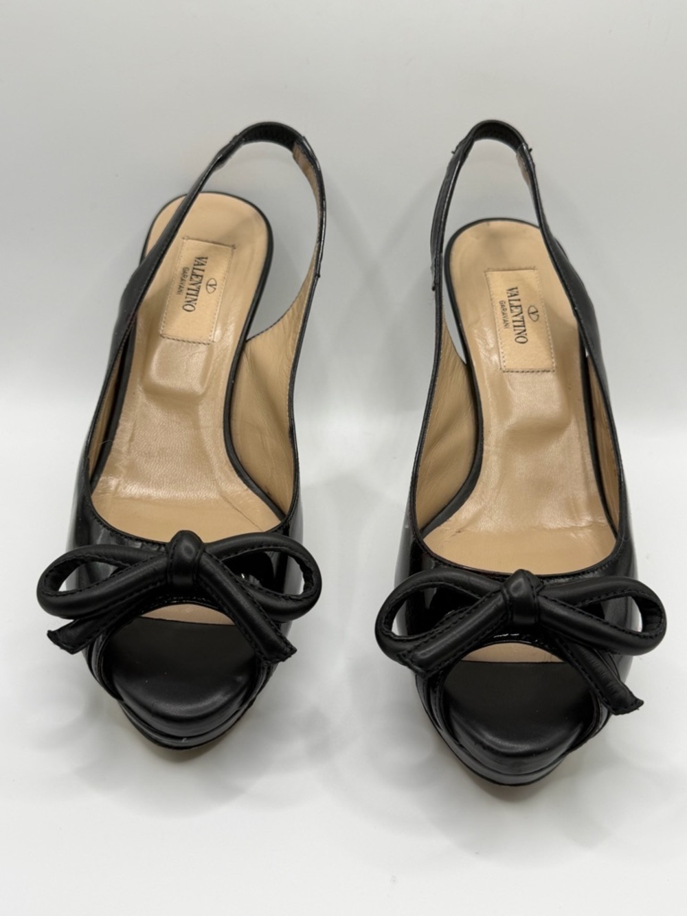 Valentino Garavani | Black Patent Leather Slingback Heels Bow Peep Toe |  36 - Picture 7 of 16